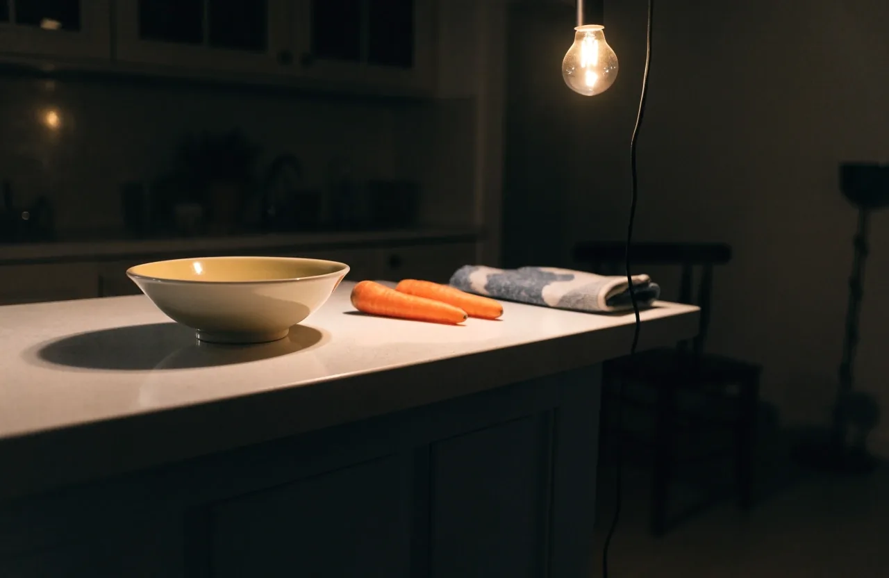Cuisine calme la nuit, un bol vide laissé sur le plan de travail près de deux carottes non épluchées