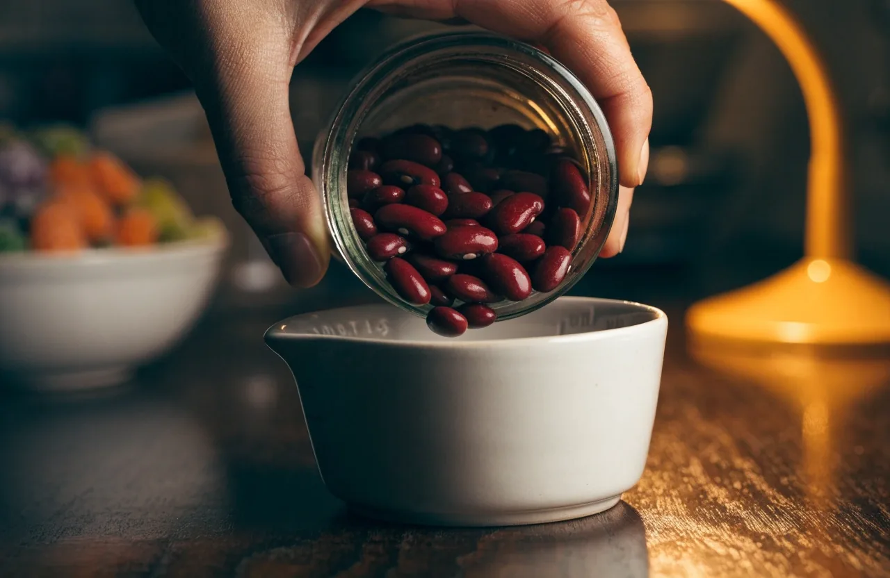 Cuisine silencieuse la nuit, bol vide à côté d'un bol de petits pois surgelés sous une lampe allumée