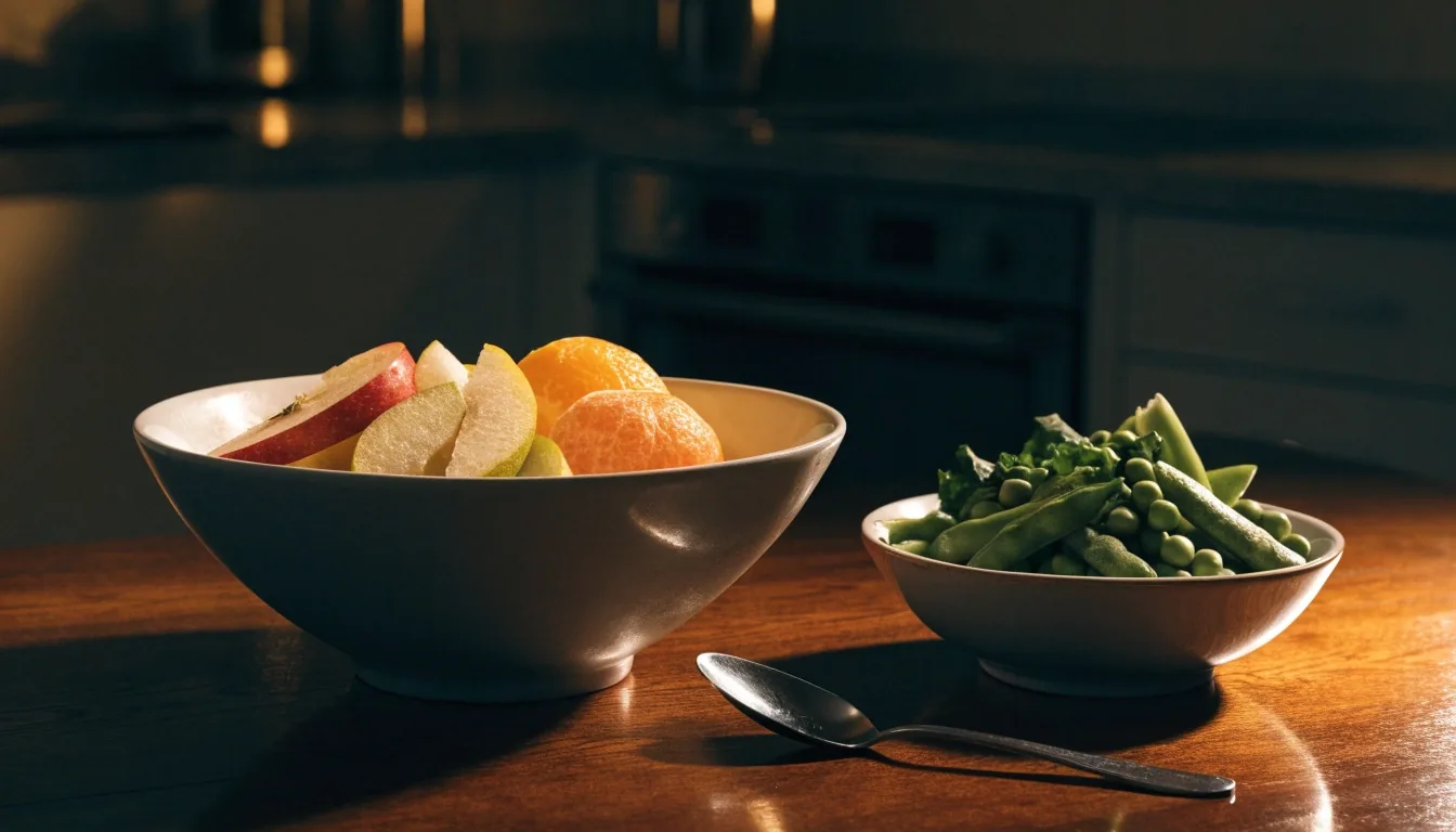 Plan de travail humide éclairé par une lampe chaude, fruits coupés et légumes verts disposés sous une lumière rasante