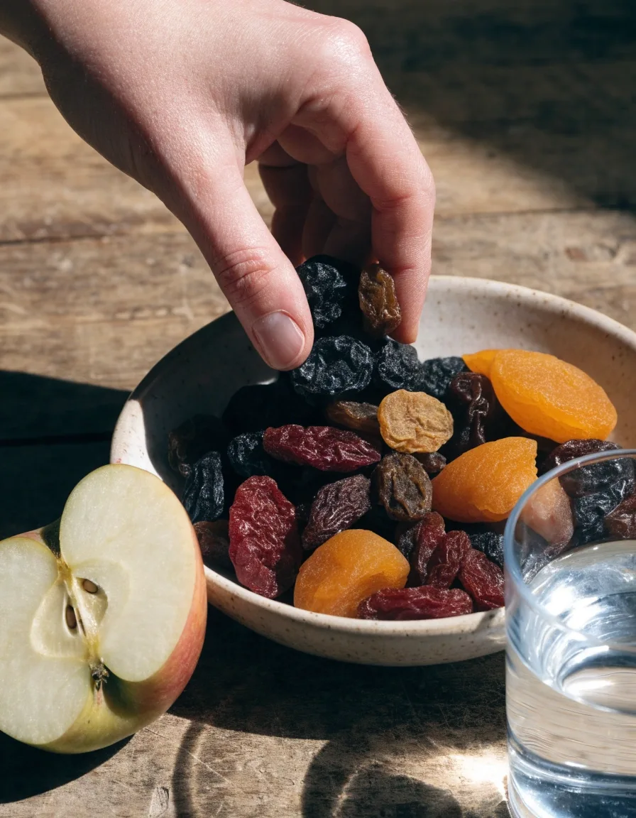Planche en bois avec un petit bol de fruits secs et un verre de jus à côté d'une pomme coupée