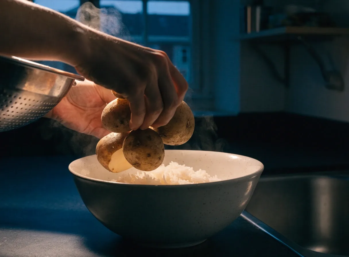 Pommes de terre non pelées et riz sur un plan de travail sombre, poêle en cuivre à côté