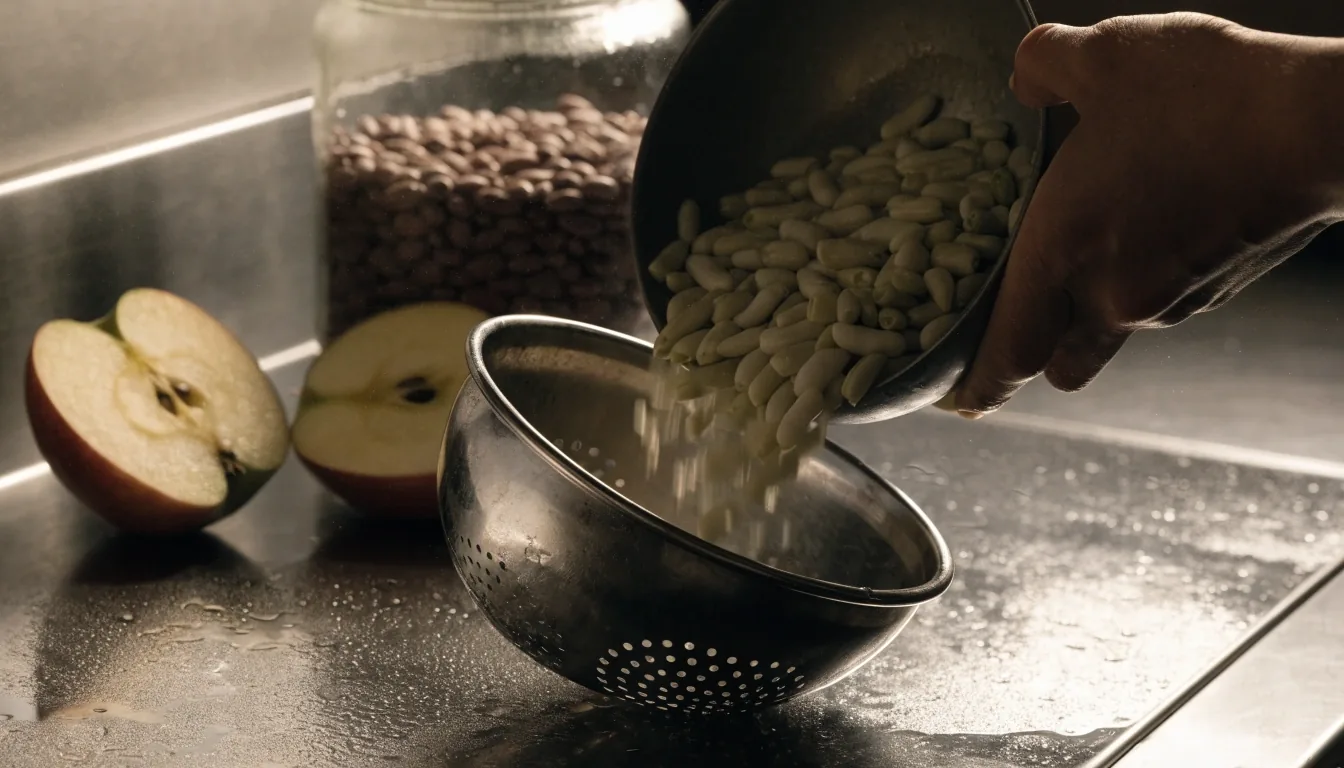 Fruits et légumes frais et un plateau de légumes refroidis sur un plan de travail métallique humide, éclairés par une seule lampe chaude