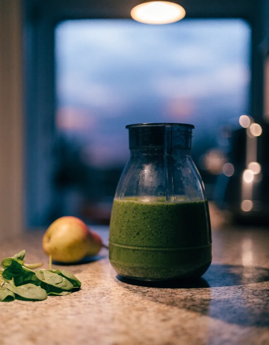 Un plan de travail de cuisine la nuit avec une planche en bois, une pomme coupée et un verre de jus d'orange pressé sous une seule lampe chaude