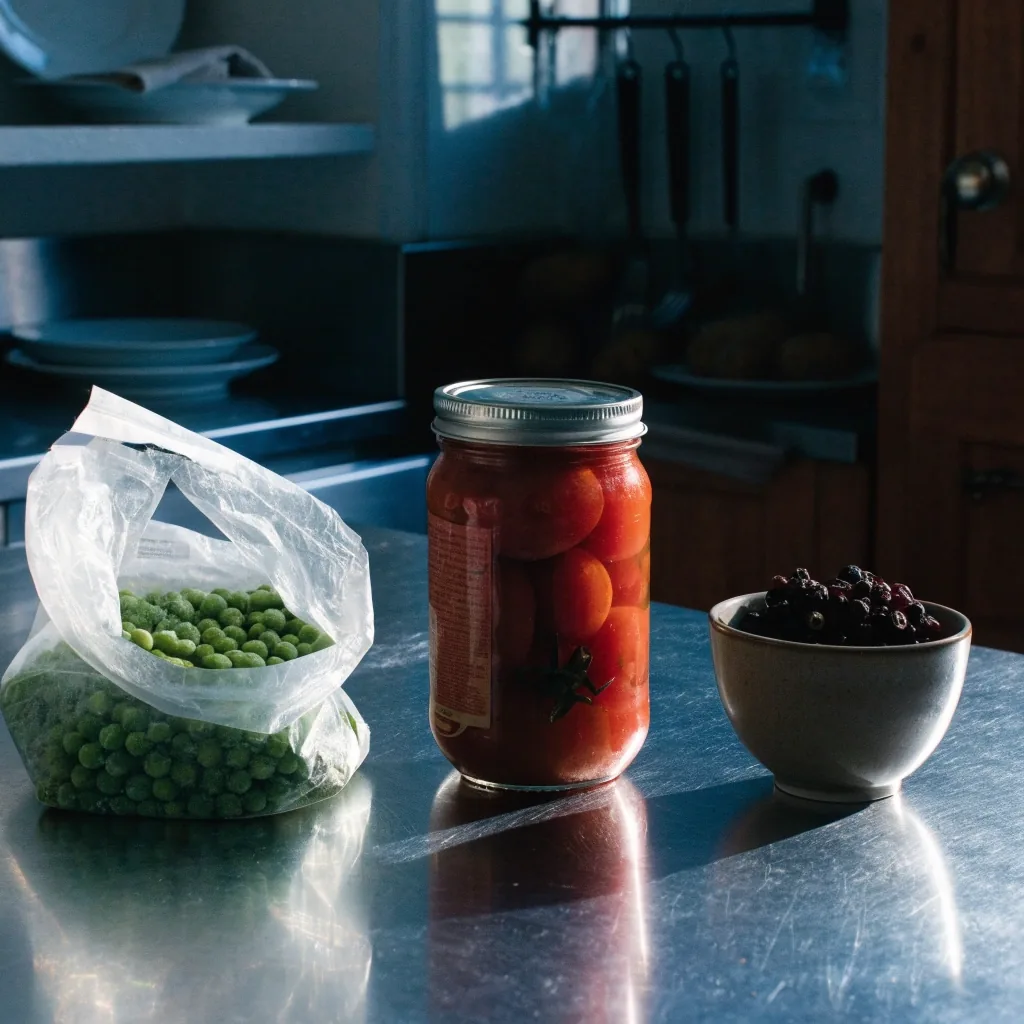 Une allée de serre embuée au crépuscule avec des rangées de légumes verts et un arrosoir métallique sur le passage