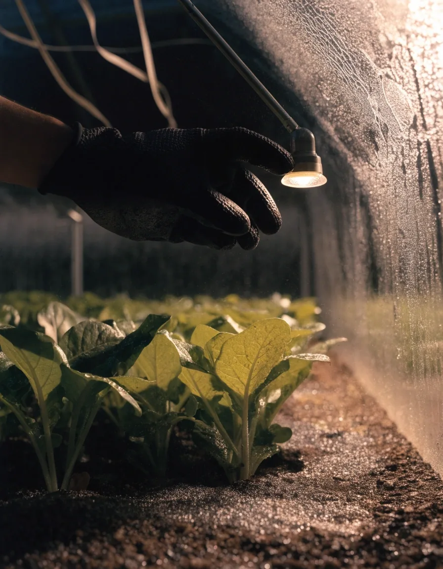 Allée de serre embuée avec des rangs de légumes verts sous une lampe
