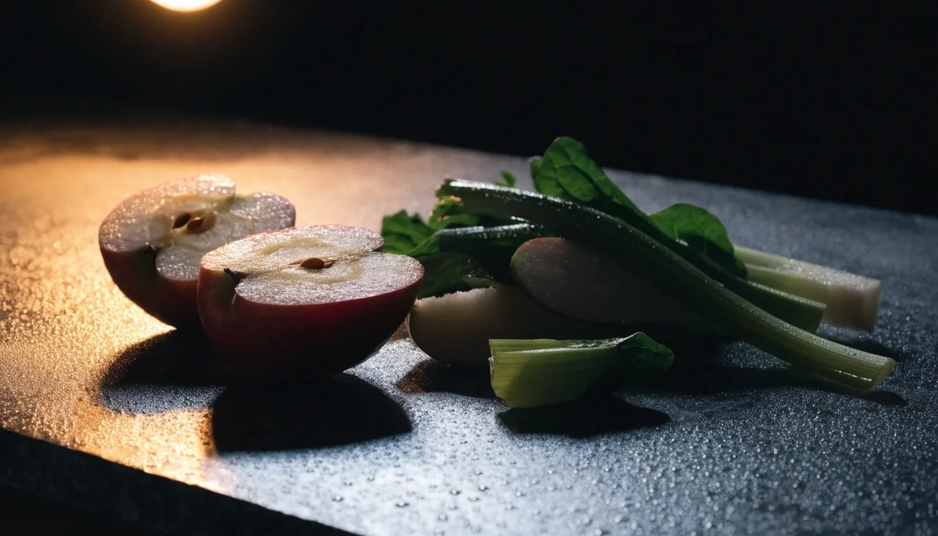 Fruits coupés et légumes verts sur un plan de travail humide éclairé par une lampe chaude