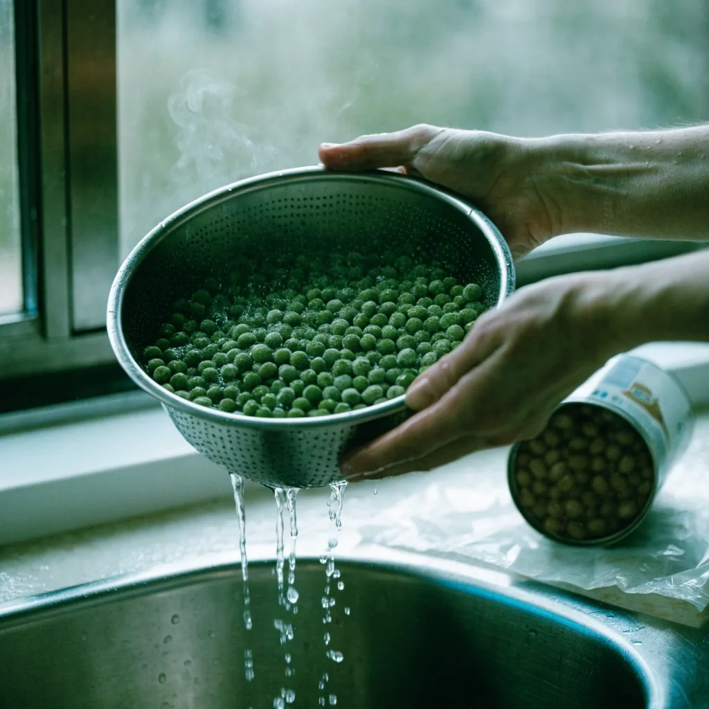 Petits pois surgelés renversés sur une surface métallique froide