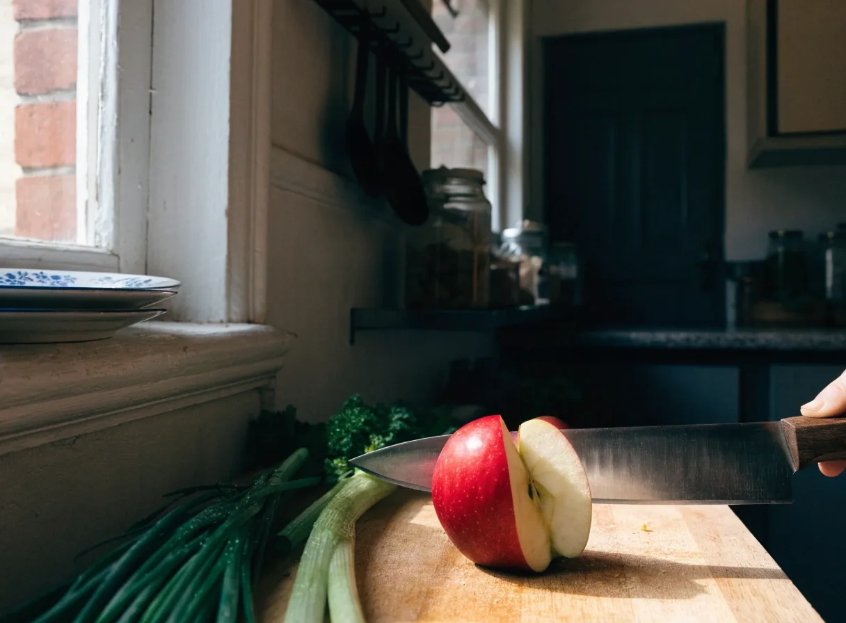 Planche à découper avec un couteau qui coupe une pomme fraîche en deux