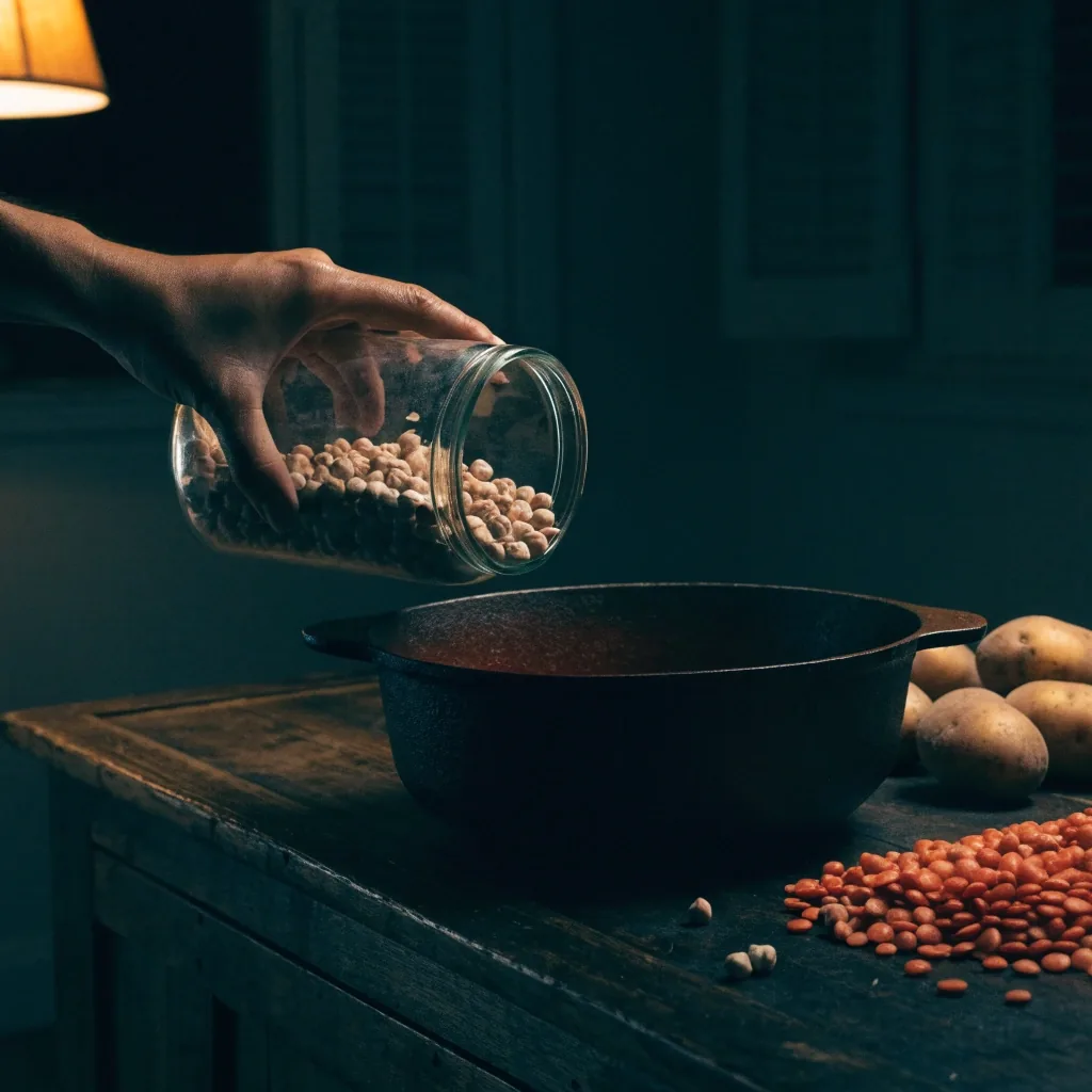 Cagette de marché de fruits et légumes frais au petit matin, sous une lampe chaude