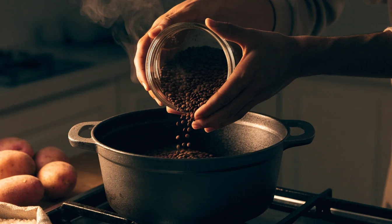 Deux bols côte à côte sur un plan de travail mat : légumineuses sèches d'un côté, riz, pâtes et pommes de terre de l'autre