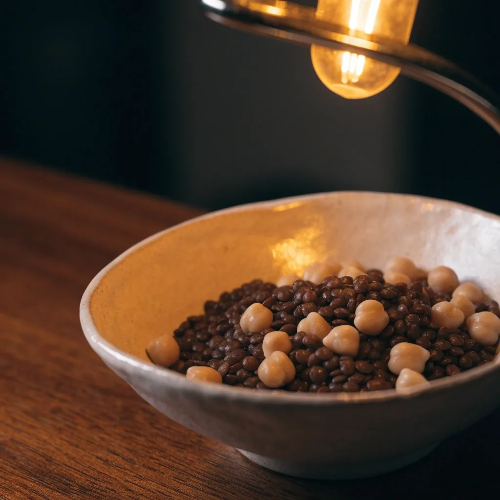 Gros plan d'un petit bol de lentilles et pois chiches cuits éclairés par une lampe chaude