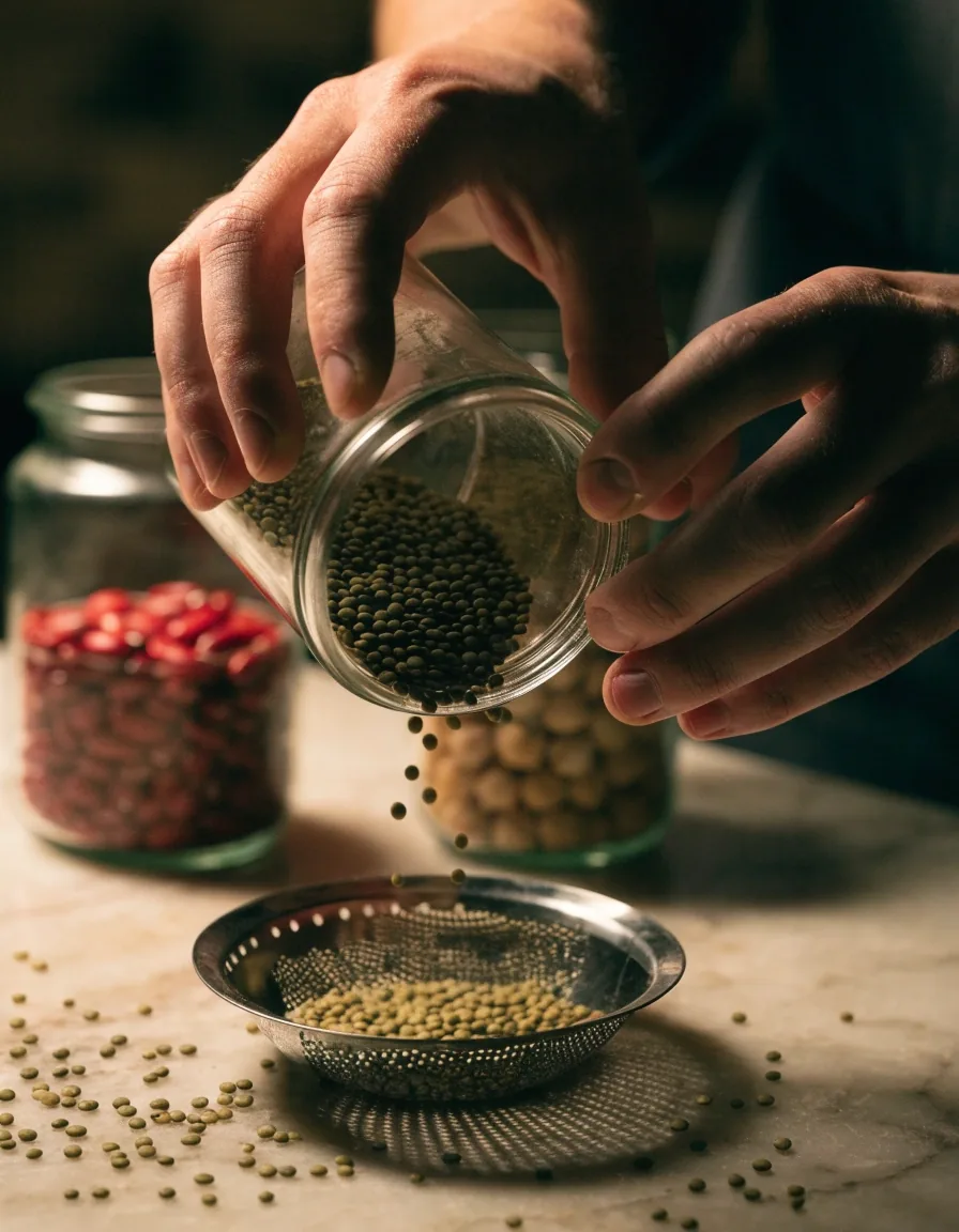 Trois bocaux de lentilles vertes, haricots rouges et pois chiches sur une étagère, sous une lumière chaude