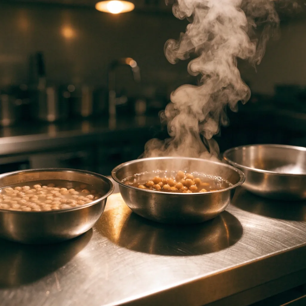 Trois bols alignés montrant des pois chiches trempés, cuits au bouillon puis égouttés, sur un plan de travail métallique