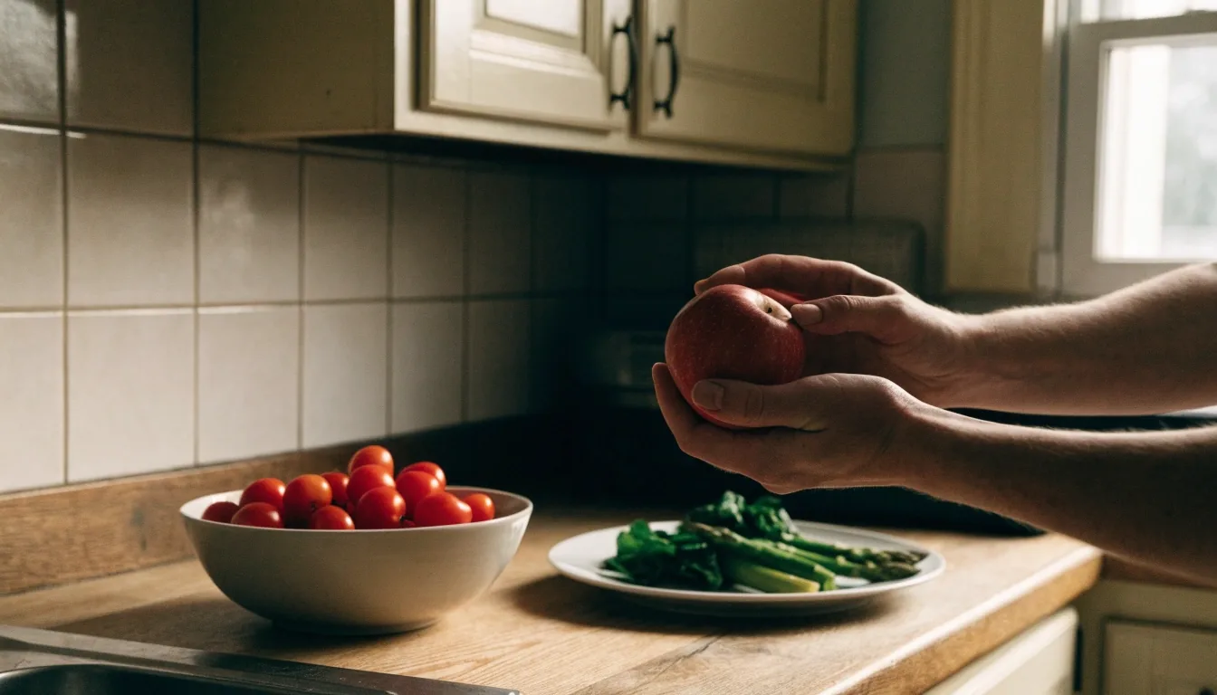 Allée d'une serre brumeuse avec des rangs de légumes verts éclairés par le haut