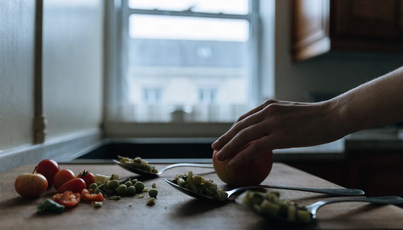 Fruits et légumes coupés posés sur un plan de travail sombre, éclairés par une seule lampe chaude