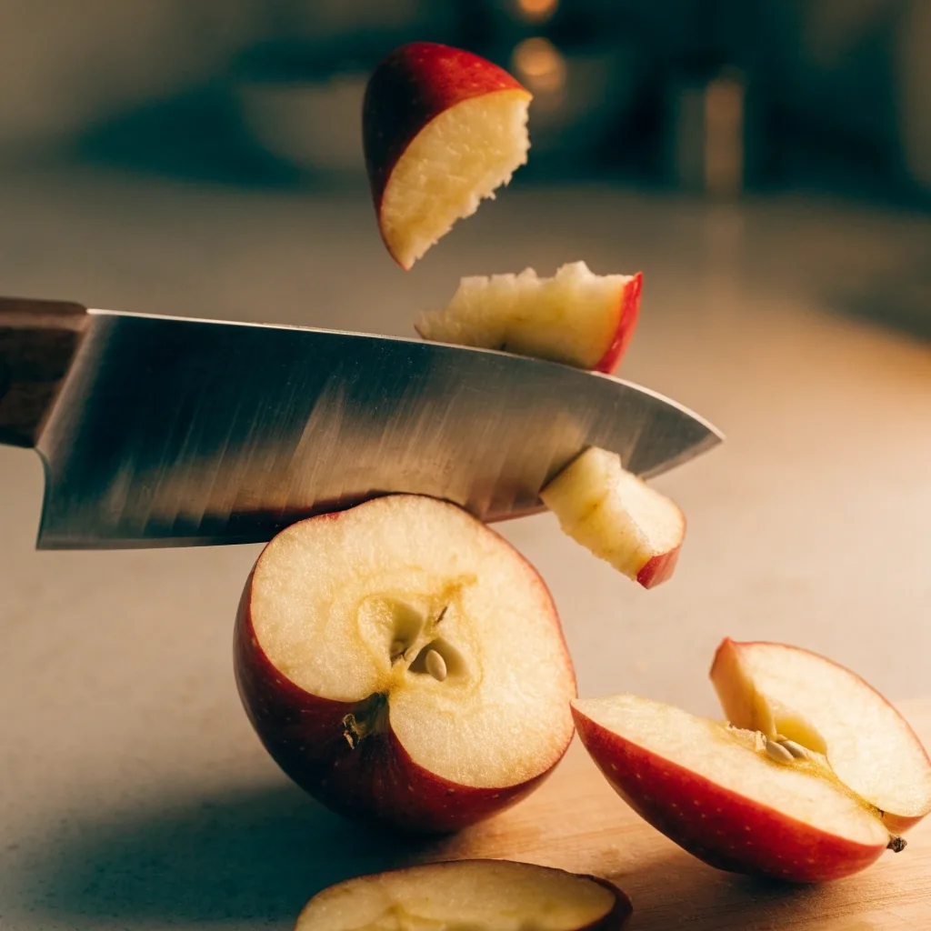 Planche en bois avec une pomme en train d'être coupée, couteau en mouvement