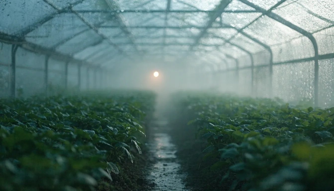 Allée d'une serre embuée à l'aube avec des rangées de plantes vertes