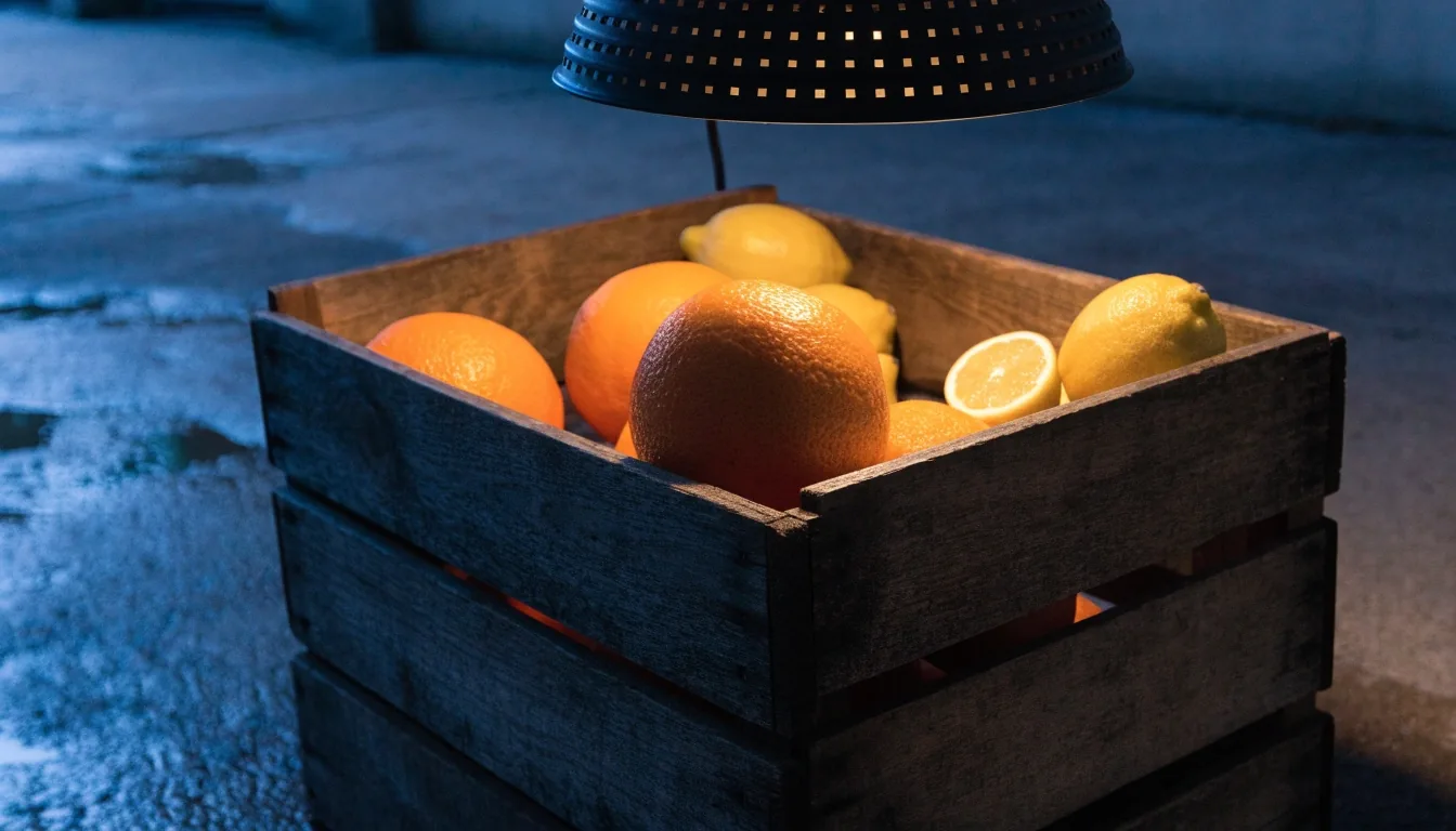 Cagette de marché remplie d'agrumes sous une lampe à l'aube
