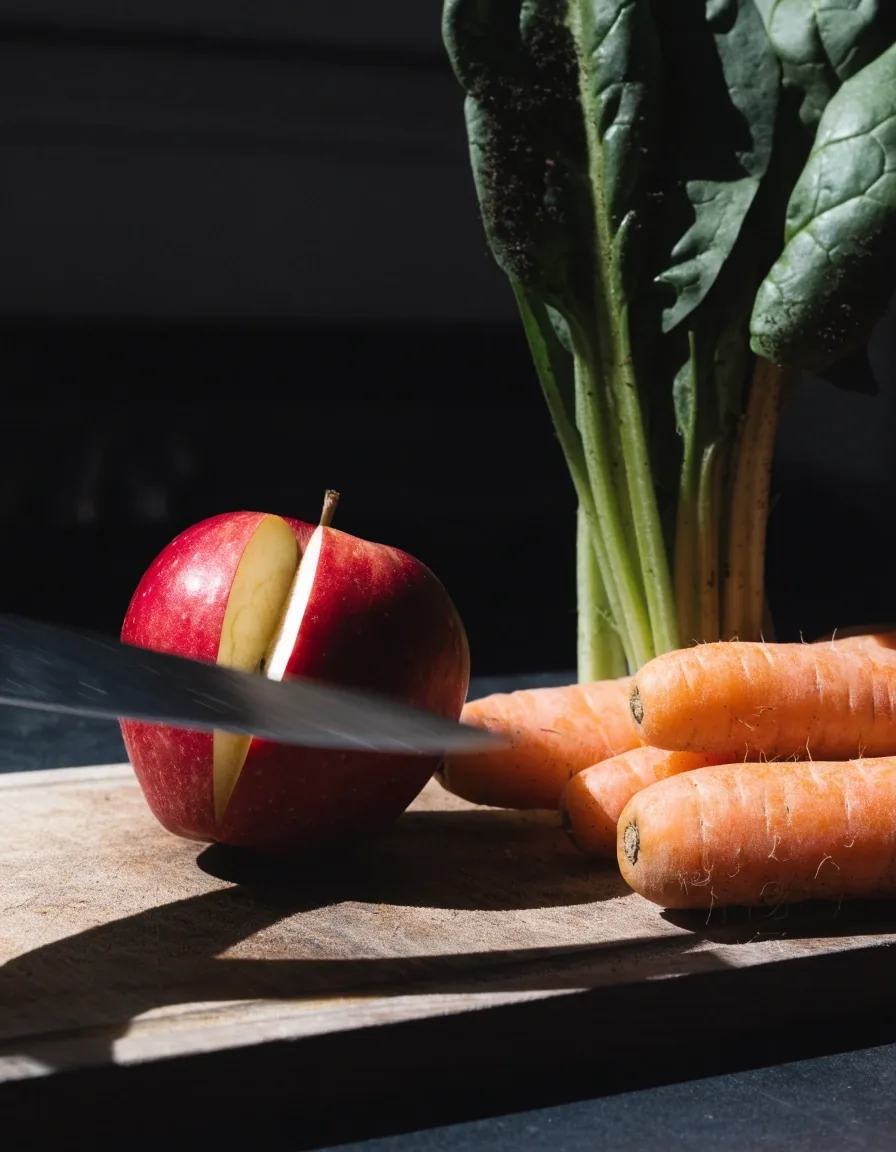 Planche en bois avec une pomme coupée en deux et des légumes non pelés
